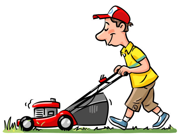 Man Smiling using Lawn Mower png.